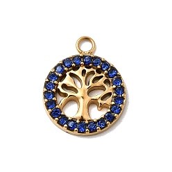 Капри Синий 304 подвески из нержавеющей стали с микропаве из стразов, древо жизни прелести, ионное покрытие (ip), реальный 18 k позолоченный, Капри синий, 15.5x12.5x2 мм, отверстие : 1.8 мм