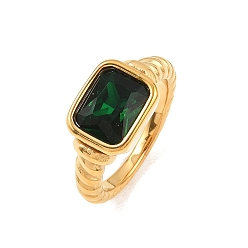 Настоящее золото 18K 304 палец кольца из нержавеющей стали, прямоугольные, со стеклом, ионное покрытие (ip), ручная полировка, реальный 18 k позолоченный, 10.5 мм, размер США 8 (18.1 мм)