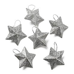 Silver Plastic Glitter Star Pendant Decorations, Silk Ribbon Christmas Tree Hanging Decoration, Silver, 43x46x16.5mm
