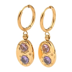 Golden Rhinestones Oval Dangle Hoop Earrings, Ion Plating(IP) 304 Stainless Steel Earrings for Women, Golden, 38x12mm