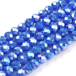 Blue Electroplate Glass Beads Strands, Opaque Solid Color, AB Color Plated, Faceted, Rondelle, Blue, 2.9~3.3x2mm, Hole: 0.8mm, about 145~150pcs/strand, 34~35cm