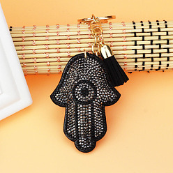 Black Diamond Full Rhinestone Hamsa Hand/Hand of Miriam Cloth Pendant Keychain, Tassels Charm for Car Key or Bag Ornaments, Black Diamond, 17cm