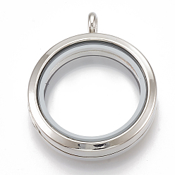 Platinum Alloy Magnetic Locket Pendants, with Glass, Flat Round, Platinum, 37x30x7mm, Hole: 3.5mm, Inner diameter: 23mm