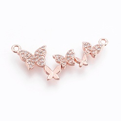 Розовый Позолоченный Латунные микро проложить кубических ссылки циркония, долговечный, бабочка, без свинца, без никеля и без кадмия, прозрачные, Настоящее розовое золото покрыто, 13x27x2 мм, отверстие : 1.2 мм