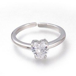 Clear Brass Micro Pave Cubic Zirconia Heart Solitaire Rings, Cuff Rings, Open Rings, Long-Lasting Plated, Platinum, Clear, US Size 6(16.5mm)