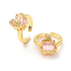 Pink Открытые кольца-манжеты из латуни, стекла и кубического циркония для женщин, святое сердце, долговечный, стойки покрытие, без свинца и без кадмия, золотые, розовые, 17 мм, Сердце: 13~15x10~15 mm