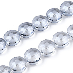 Light Steel Blue Electroplate Glass Beads Strands, Frosted, Rainbow Plated, Faceted, Flat Round, Light Steel Blue, 14x8~10mm, Hole: 1.5mm, about 50pcs/strand, 26.77 inch