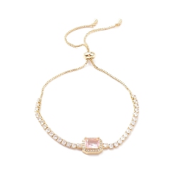 Pearl Pink Cubic Zirconia Rectangle Link Silder Bracelet with Crystal Rhinestone, Real 18K Gold Plated Brass Jewelry for Women, Pearl Pink, 10-1/4 inch(26cm)