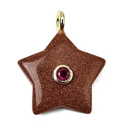 Камень с Пылевым Золотом Синтетические голдстоуновские подвески, Подвески в виде звезд с латунными фианитами в оправе из кубического циркония, золотые, 35.5~37x29.5~31.5x8.5~10.5 мм, отверстие : 4 мм