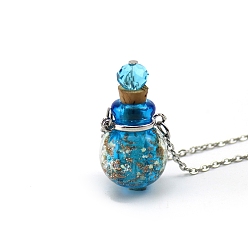 Deep Sky Blue Luminous Round Lampwork Perfume Bottle Necklaces, with Titanium Steel Chains, Deep Sky Blue, 23.62 inch(60cm), Pendant: 18mm, Capacity: 0.5ml(0.02fl. oz)