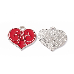 Crimson Alloy Enamel Pendants, Heart with Letter A Charm, Platinum, Crimson, 17x18x1mm, Hole: 1.8mm