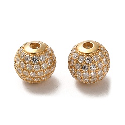 Clear 925 Sterling Silver Micro Pave Cubic Zirconia Beads, Round, Real 18K Gold Plated, Clear, 10x9mm, Hole: 2.2mm
