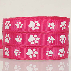 Deep Pink 100 Yards Printed Polyester Grosgrain Ribbons, Garment Accessories, Paw Print Pattern, Deep Pink, 3/8 inch(9mm)