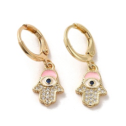 Pink Hamsa Hand with Evil Eye Real 18K Gold Plated Brass Dangle Leverback Earrings, with Enamel and Cubic Zirconia, Pink, 25.5x9mm