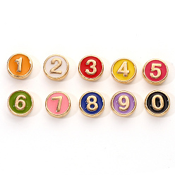 Mixed Color Alloy Enamel Beads, Flat Round, Number 0~9, Cadmium Free & Lead Free, Light Gold, Mixed Color, 8x3.5mm, Hole: 1.5mm, about 10pcs/set.
