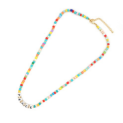 QT-N200006D Bohemian Rainbow Glass Bead Necklace with Letter Charm Pendant for Women