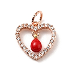 Red Rack Plating Brass Micro Pave Cubic Zirconia Pendants, with Enamel and Jump Ring, Long-Lasting Plated, Rose Gold, Heart, Cadmium Free & Nickel Free & Lead Free, Red, 12.5x12x1.5~3mm, Jump Ring: 5x0.7mm, Hole: 3.4mm