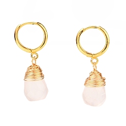 Rose Quartz Brass Huggie Hoop Earrings, with Wire Wrapped Faceted Natural Rose Quartz Pendants, Teardrop, Golden, 33.5~34mm, Pin: 1mm
