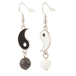 Black Alloy Enamel Yin Yang Matching Asymmetrical Earrings, Brass Dangle Earrings with Natural Lava Rock for Women, Black, 49mm, Pin: 0.7mm