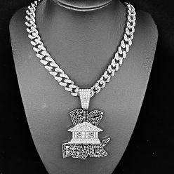 Серебро Подвеска в стиле хип-хоп из цинкового сплава, полностью украшенная кристаллами и черными стразами, большая цепочка в кубинском стиле Bank House для мужчин., серебряные, 19.69 дюйм (50 см)