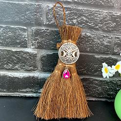 Flat Wood Wicca Broom Car Hanging Decoration, with Alloy Decoration and Teardrop Glass Charm, Flat, 140x90mm
