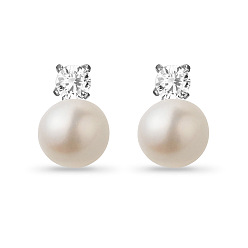White SHEGRACE Classic 925 Sterling Silver Ear Studs, with Freshwater Pearl and AAA Cubic Zirconia, Platinum, White, 12mm, Pin: 0.7mm