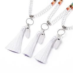 Quartz Crystal Natural Quartz Crystal Bullet & Tassel Pendant Necklace with Mixed Gemstone Beaded Chains, Chakra Yoga Jewelry for Women, 25.98 inch(66cm)
