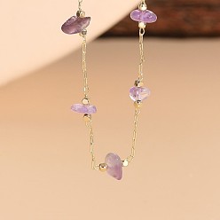 Amethyst (NK9045-00-26) Bohemian-style Natural Stone Copper Chain Necklace, Minimalist and Luxurious 14K Gold-plated Jewelry