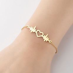 Heart Titanium Steel Link Chain Bracelet for Wemon, Golden, Heart, 1-3/8x7/8 inch(3.5x2.1cm)