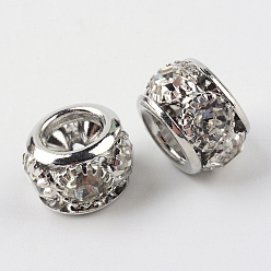 Silver Brass Rhinestone Beads, Flat Round, Large Hole Beads, Silver Color Plated, 10.5x7mm, Hole: 5.5mm