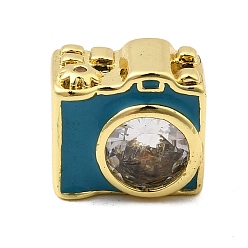 Темно-бирюзовый Латунные микропаве прозрачные кубические циркониевые эмалевые бусины, камера, без свинца и без кадмия, долговечный, реальный 18 k позолоченный, стойки покрытие, темные бирюзовый, 9x9.5x6 мм, отверстие : 2 мм