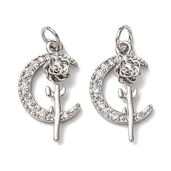 Платина Латунные микропаве прозрачные подвески с фианитом, подвески луна и роза, с целью перехода в кольце, стойки покрытие, долговечный, без свинца и без кадмия, платина, 19.5x11x3 мм, отверстие : 3.5 мм
