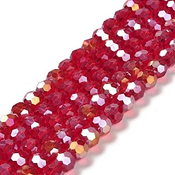 Cerise Transparent Glass Beads, 32 Facets, AB Color Plated, Round, Cerise, 8x7~7.5mm, Hole: 1.5mm, about 66pcs/strand, 18.82''~19.06''(47.8~48.4cm)