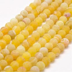 Yellow Frosted Natural Agate Beads Strands, Round, Dyed & Heated, Yellow, 6mm, Hole: 0.8mm, about 62~65pcs/strand, 15.1 inch