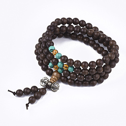 Coconut Brown 4-Loop Wrap Style Buddhist Jewelry, Sandalwood Mala Bead Bracelets, with Alloy Findings and Natural Agate Beads, Stretch Bracelets, Round, Coconut Brown, 27.1 inch(69cm)
