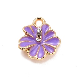 Lilac Alloy Enamel Pendants, with Rhinestone, Flower Charm, Golden, Lilac, 14x12.5x4mm, Hole: 2mm