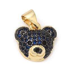Blue Rack Plating Brass Micro Pave Cubic Zirconia Charms, Cadmium Free & Lead Free, Real 18K Gold Plated, Long-Lasting Plated, Bear Head Charm, Blue, 11.5x12x5mm, Hole: 3.5x4.5mm