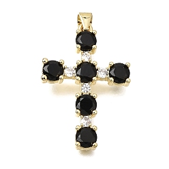Black Brass Pave Cubic Zirconia Pendants, Cross with Round Charms, Long-Lasting Plated, Cadmium Free & Lead Free, Real 18K Gold Plated, Black, 31.5x21x4mm, Hole: 4x3.5mm