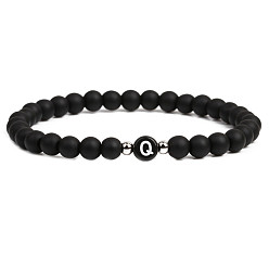 Dumb Black Stone Q 6mm Matte Agate Stone Beaded Letter Bracelet for Men and Couples Jewelry