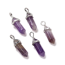 Amethyst Natural Amethyst Pendants, Faceted, with Platinum Tone Brass Findings, Lead free & Cadmium Free, Bullet, 27~30x9~10x7~8mm, Hole: 4x3mm