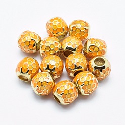 Golden Brass Enamel European Beads, Cadmium Free & Nickel Free & Lead Free, Round with Honeycomb, Golden, 9x9mm, Hole: 4mm