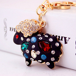 black Cute Zodiac Sheep Car Keychain with Rhinestones, Bag Charm Pendant Gift