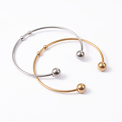 Mixed Color Fashion 304 Stainless Steel Cuff Bangles Torque Bangles, End with Immovable Round Beads, Mixed Color, 50~65mm