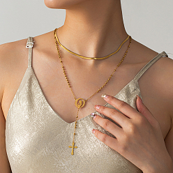 Золотой 201 цепочка из нержавеющей стали с двумя рядами змеиных костей, портретная кисточка, крестик с подвеской, ожерелья из четок для женщин, золотые, 17.72 дюйм (45 см)