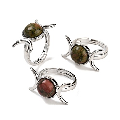 Унакит Регулируемые кольца из натурального унакита, Платиновые латунные кольца на палец с тройной луной для женщин и мужчин, размер США 7 1/4 (17.5 мм)