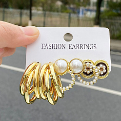 5655001 Triple Flower Pearl Earrings Set with Twisted Design for Elegant Women