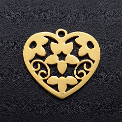 Golden 201 Stainless Steel Pendants, Heart with Flower, Golden, 15x16x1mm, Hole: 1.2mm