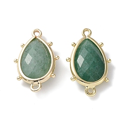 Green Aventurine Natural Green Aventurine Connector Charms, with Golden Plated Brass Edge Loops, Faceted, Teardrop, 24x14.5x5mm, Hole: 1.2mm & 1.4mm