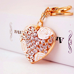 white Crystal Rose Flower Alloy Heart Car Keychain Women's Bag Accessory Heart-shaped Couple Pendant