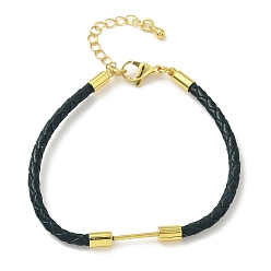 Темно-Зеленый 3Изготовление браслета из плетеного круглого шнура из искусственной кожи диаметром ⅜ мм, с 304 карабинами из нержавеющей стали и латунной планкой с бусинами, золотые, стойки покрытие, долговечный, темно-зеленый, 7-1/8 дюйм (18.2 см)